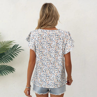 Womens Floral Print Round Neck Ruffle Sleeve Short-Sleeve Top, Loose Fit