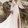 Abito da sposa a vita alta taglie forti profondo scollo a V a maniche lunghe con spacco alto e schiena scoperta in stile europeo e americano