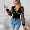 V-neck See-through Embroidery Stitching Long Sleeve T-shirt