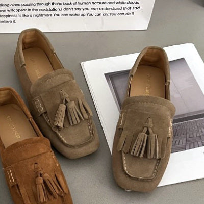 Square Head Soft Sole Shoes Women's All-matching Tassel Shallow Mouth Non-slip One Pedal Loafer