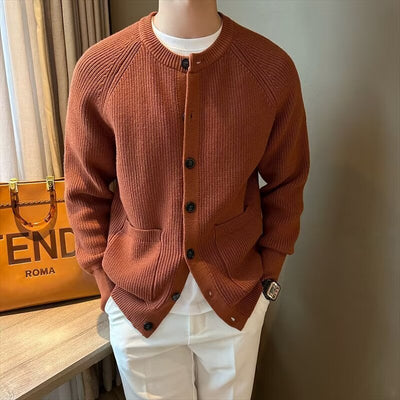 Cardigan Solid Color Round Neck Sweater Coat For Men