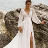 Abito da sposa a vita alta taglie forti profondo scollo a V a maniche lunghe con spacco alto e schiena scoperta in stile europeo e americano