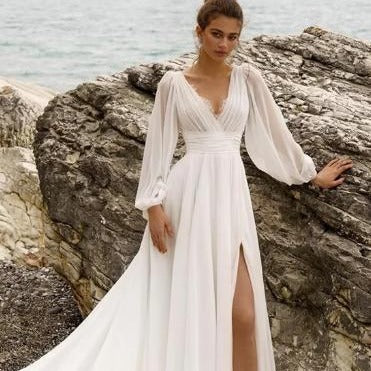 Abito da sposa a vita alta taglie forti profondo scollo a V a maniche lunghe con spacco alto e schiena scoperta in stile europeo e americano