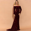 Vestito da sera sexy lungo con paillettes a maniche lunghe senza spalline