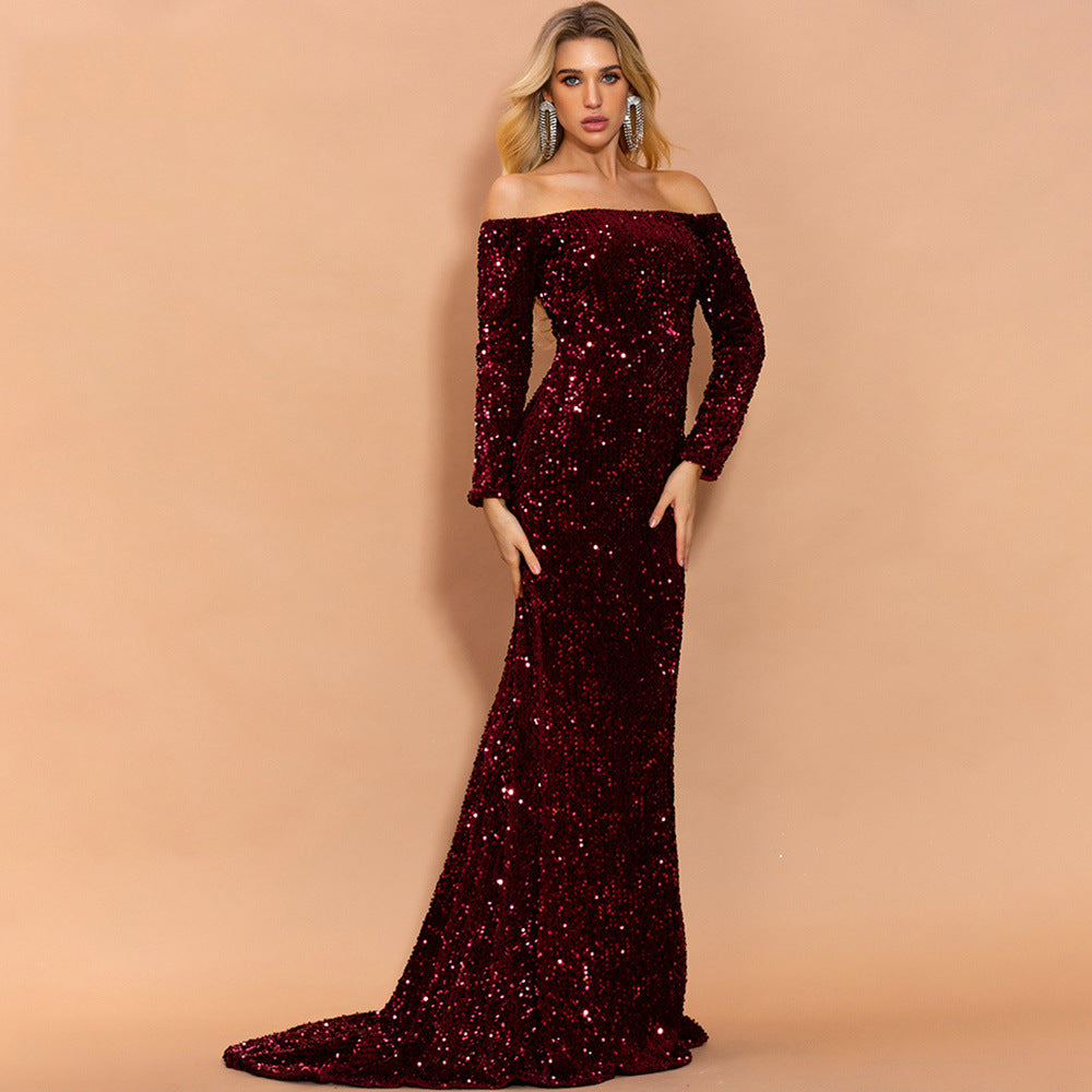 Vestito da sera sexy lungo con paillettes a maniche lunghe senza spalline