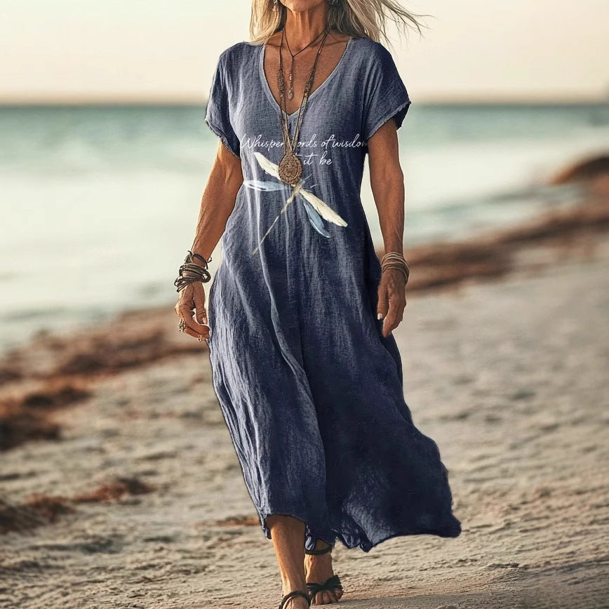 Creative Floral Womens V-Neck Short-Sleeve Dress