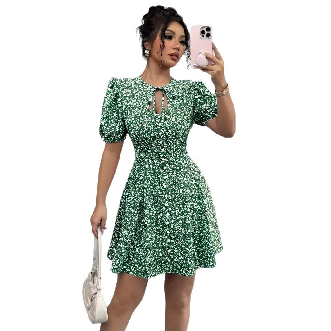 Womens Fashionable Printed Slim-Fit Pleated Dress