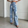 Jeans da donna vintage all'americana con stampa floreale blu