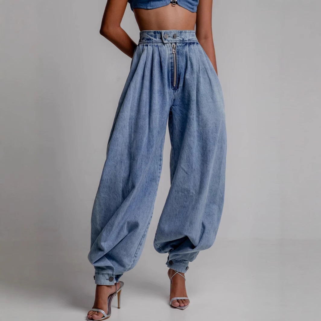 Jeans larghi con cerniera a vita alta e allacciatura alla caviglia