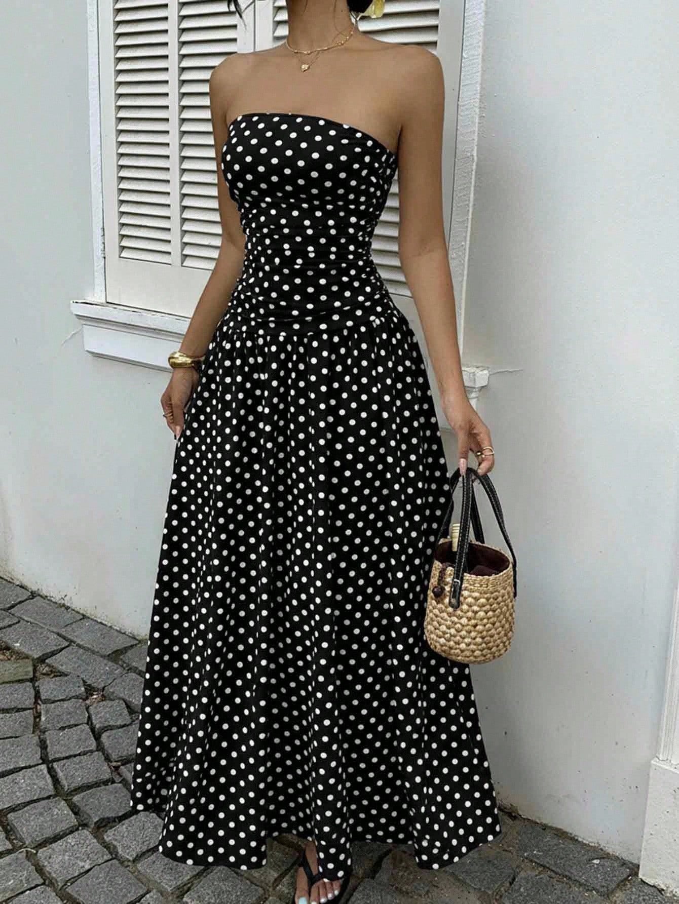 Off-the-shoulder Polka-dot A-line Waist-cinched Figure-flattering Dress