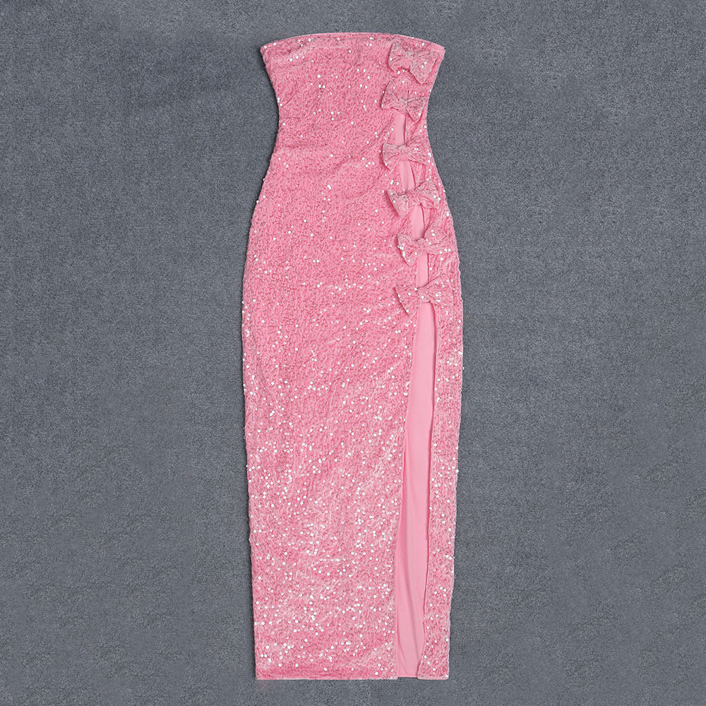 Vestito lungo attillato da donna con paillettes, scollo a barca, senza schienale e spacco con fiocco