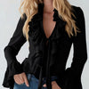 French-Elegant Solid-Color V-Neck Ruffle Blouse With Puff Sleeves