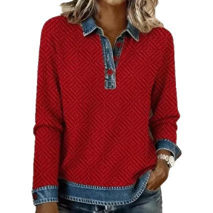 Womens Denim-Style Fake Two-Piece Knitted Jacket