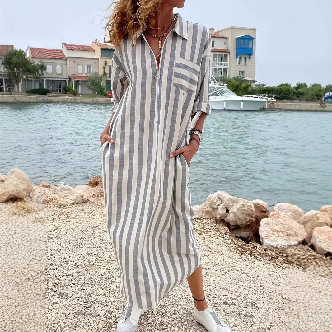 Womens Elegant Casual Loose-Fit Striped Long Shirt Dress