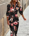 Printed Shirt Collar Lacing Mid-length Striped Dress