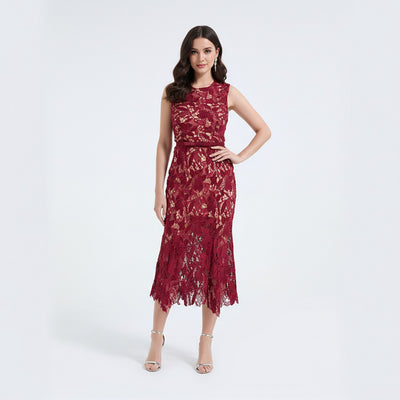 Lace Hollowed Out Sleeveless Waist Cinched Fish Tail Dress