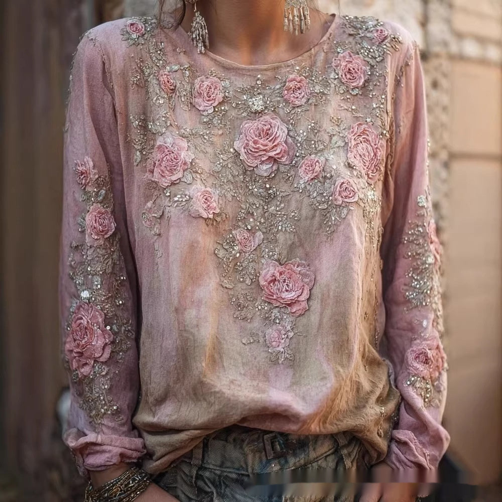 Top in lino ampio ricamato a rose, stile retrò bohémien