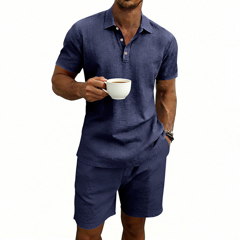Set di pantaloncini e camicia a maniche corte casual da uomo in lino