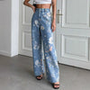 Jeans da donna vintage all'americana con stampa floreale blu