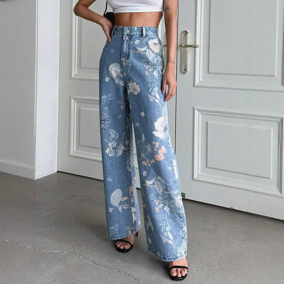 Jeans da donna vintage all'americana con stampa floreale blu