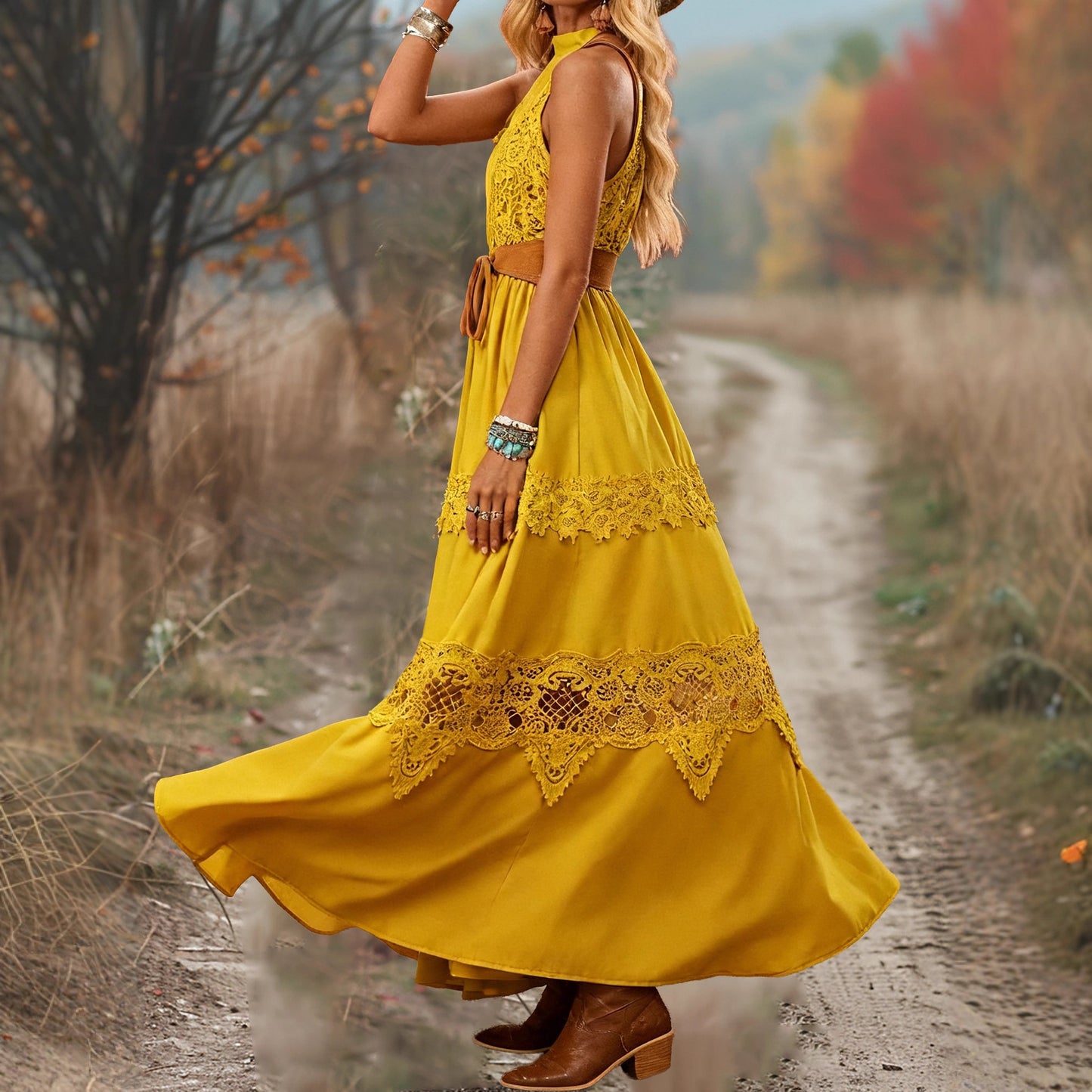 Womens Lace-Patchwork Ethnic-Style Sleeveless Dress