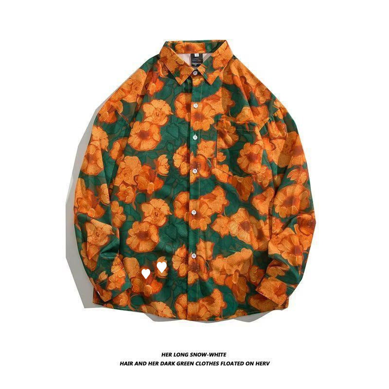 Men's Loose Hong Kong Style Retro Long Sleeve Printed Shirt