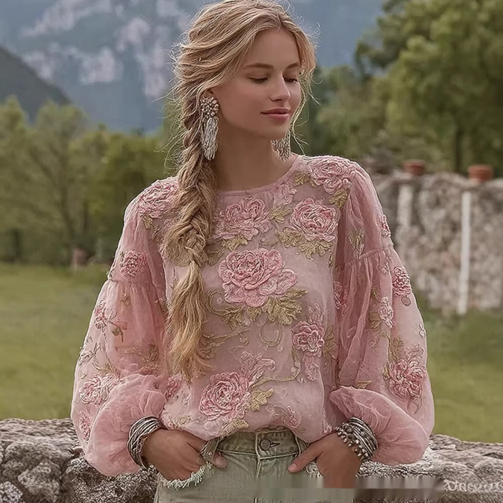 Top in lino ampio ricamato a rose, stile retrò bohémien