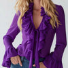 French-Elegant Solid-Color V-Neck Ruffle Blouse With Puff Sleeves