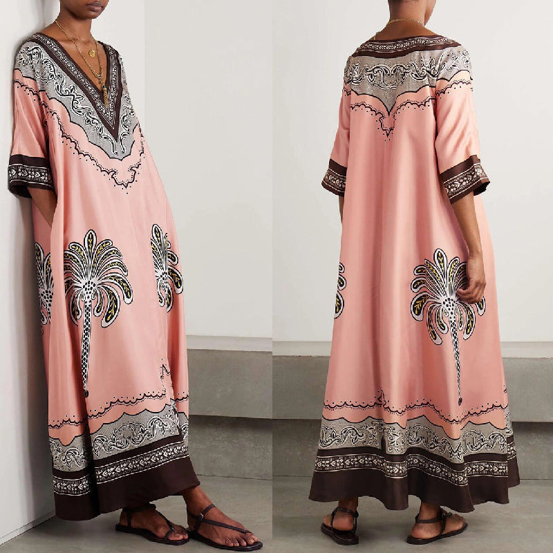Casual Printed V-Neck Loose Satin Resort Dress