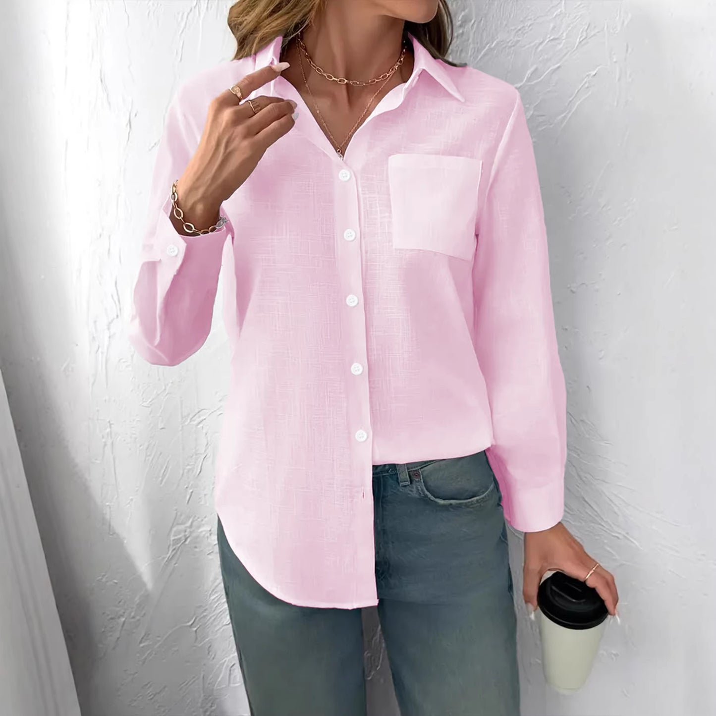 Camicetta da donna a maniche lunghe con colletto a risvolto, casual, plissettata e a vestibilità ampia