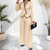 Women's Two-Piece V-Neck Long Sleeve Blouse With Contrast Trim & Straight Leg Wide Pants Set - Office Wear Suit For Spring&Fall