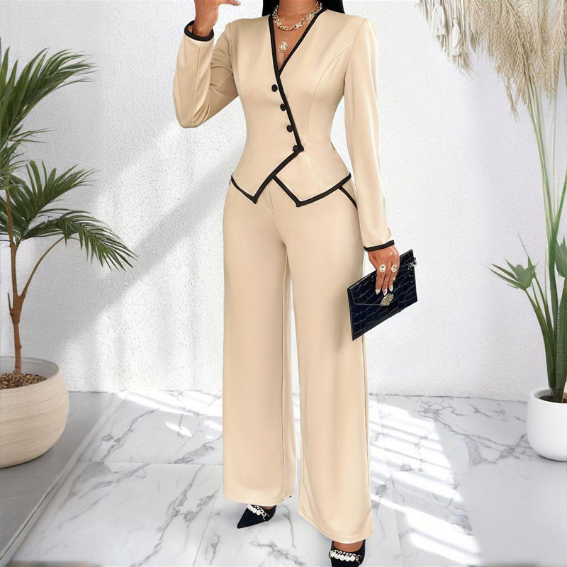 Women's Two-Piece V-Neck Long Sleeve Blouse With Contrast Trim & Straight Leg Wide Pants Set - Office Wear Suit For Spring&Fall