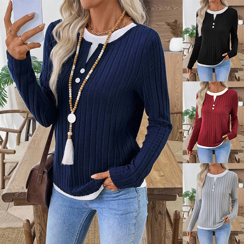 Women's Fake Two-piece Round Neck Button Pullover Grinding Sweater