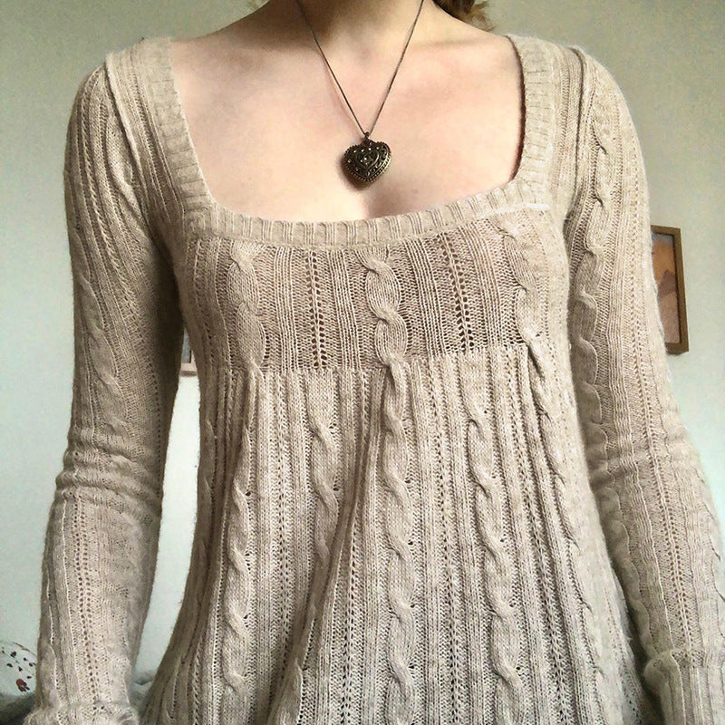 Maglione retrò con colletto basso e colletto quadrato, color kaki ritorto