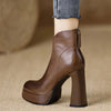 Retro Brown Chunky Heels Round Head Temperament Back Zipper Platform Booties