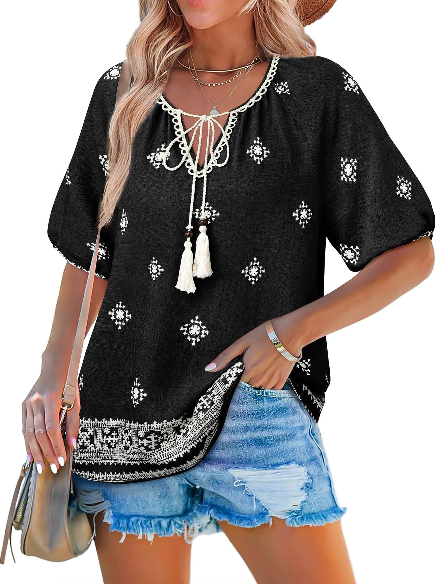 Bohemian Casual V-neck Short-sleeve Printed Blouse