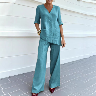 Casual Cotton-Linen Solid-Color Mid-Sleeve V-Neck Top And Straight-Cut Casual Pants Set