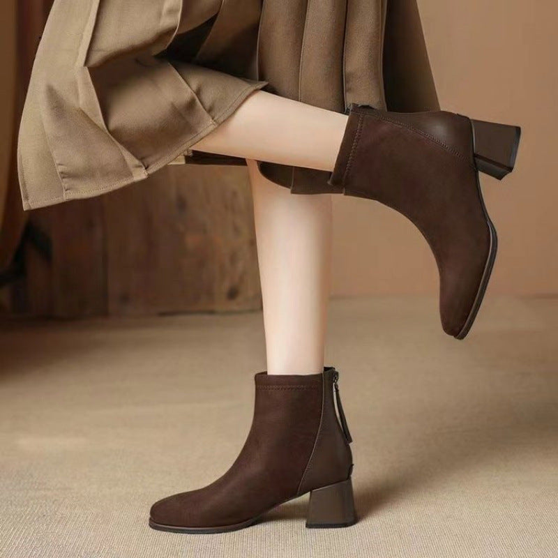 French Style Suede Boots Chunky Heel Thin Women's