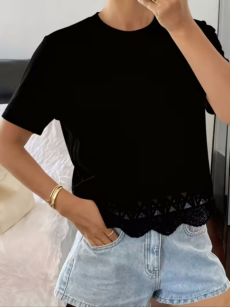 Women's Solid Color Versatile Hollow-Out Spliced Short-Sleeve
