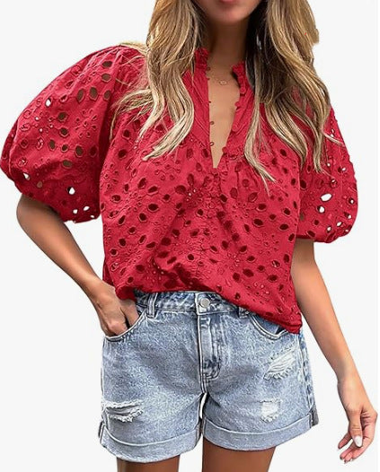 Top da donna casual elegante in pizzo traforato