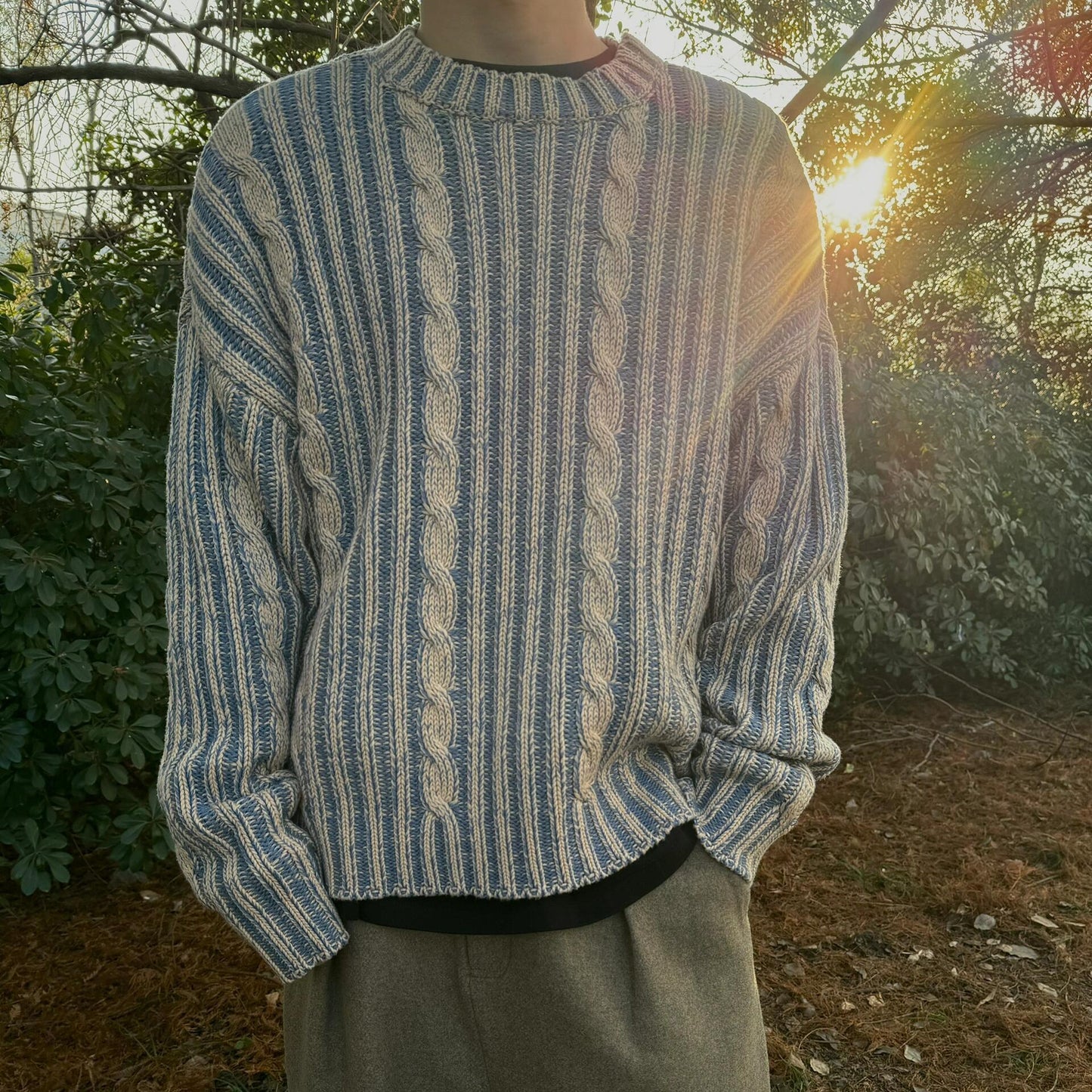 Men's Stripes Contrast Color Round Neck Casual Sweater