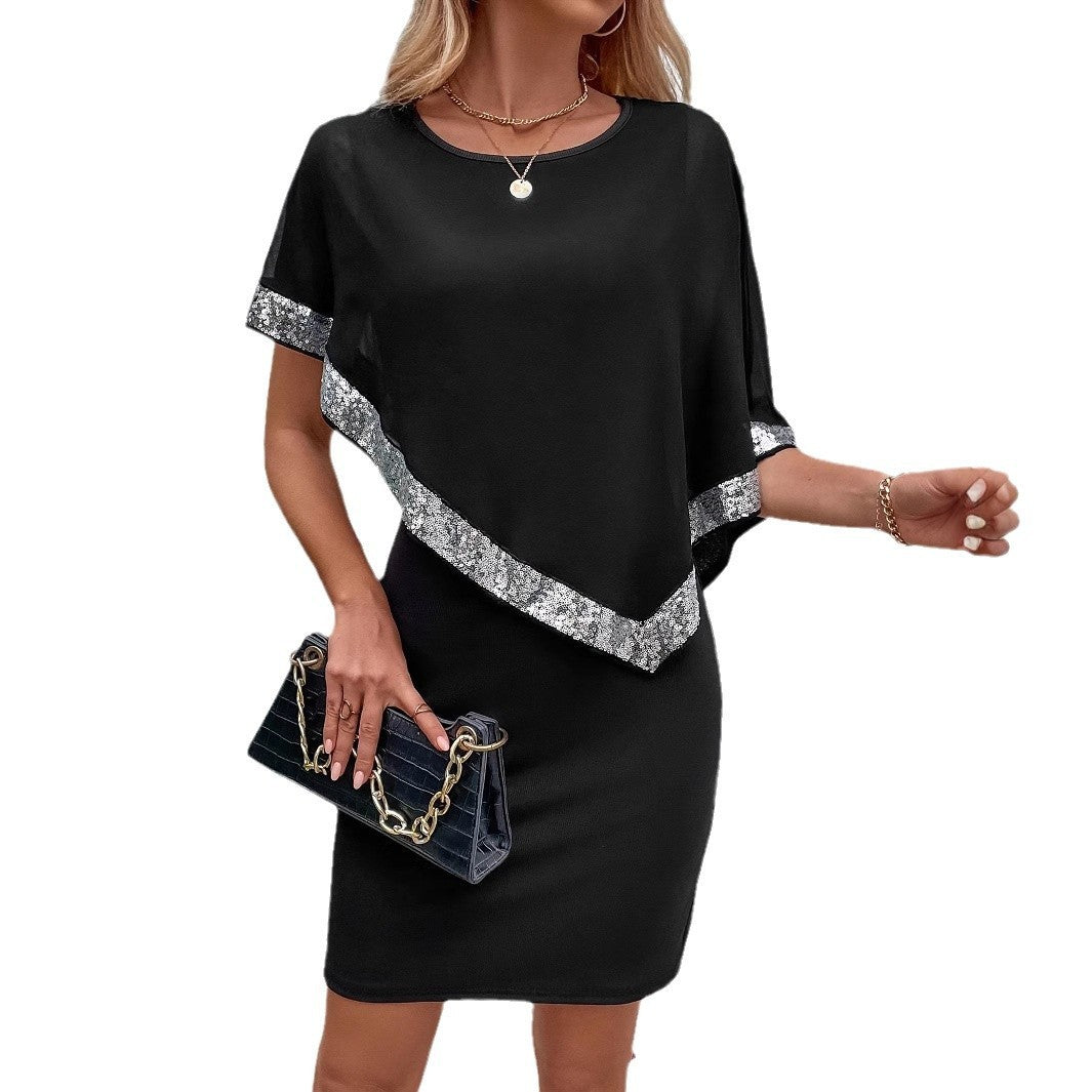 European And American Fashionable Sequins Patchwork Round Neck Fake Two-piece High-grade Women's Skirt