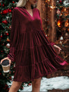 Long Sleeve Christmas Skirt Velvet Cake Dresses With Puffy Sleeves And V-Neck Mini Skirt Elegant Short Dress For Women New Year Party Clothing