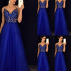 Abito lungo elegante blu in chiffon con perline e schiena scoperta a pois
