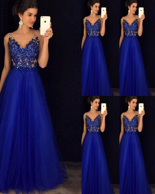 Abito lungo elegante blu in chiffon con perline e schiena scoperta a pois