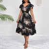 Spring Summer Ruffled-Edge Short-Sleeve Printed Dress With Elastic Waist