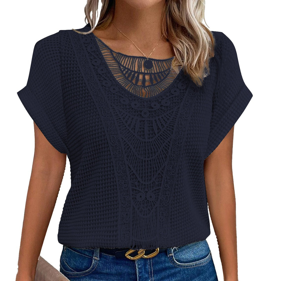 T-shirt a maniche corte taglie forti con patchwork di pizzo traforato, sito indipendente, transfrontaliero