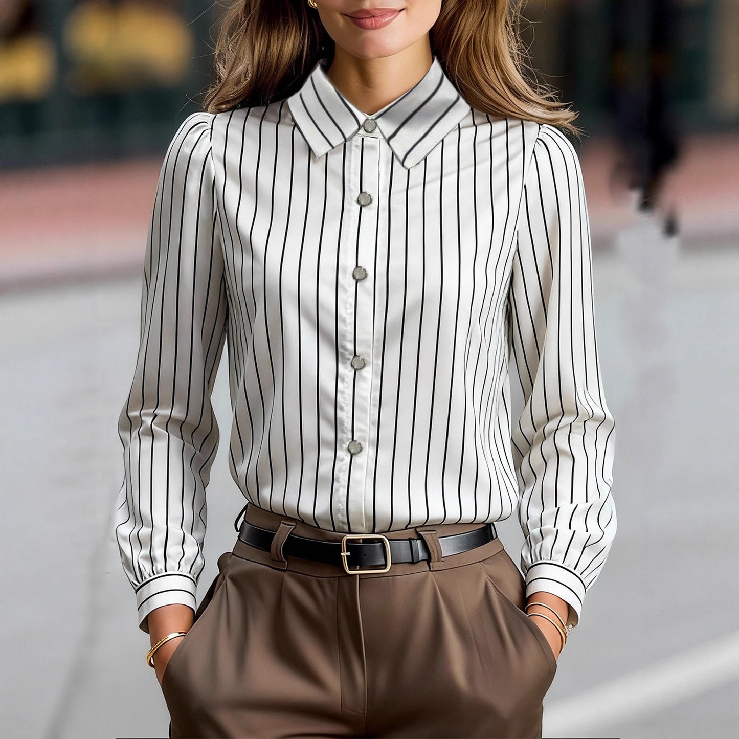 Black And White Striped Silky Satin Lapel Shirt