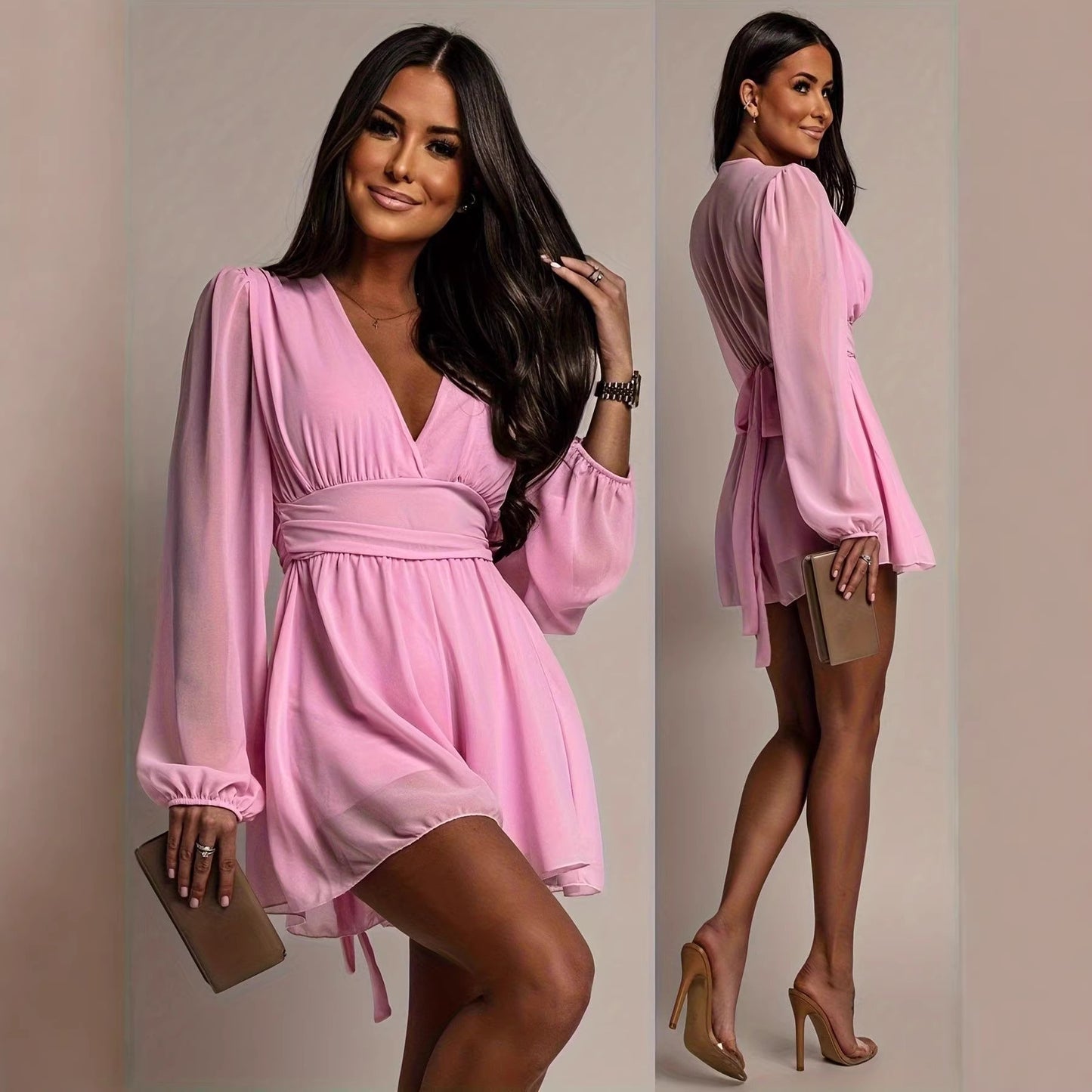 Bubble-sleeve High-waisted V-neck Long-sleeve Dress