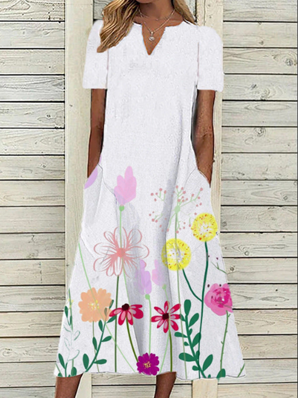 Women's Oil Painting Flower V-neck A- Line Dress